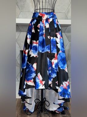 NWT💙Gracia Satin Black Blue and Red Floral High Low Skirt Size Large